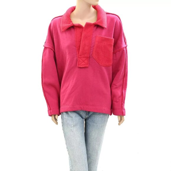 Free People Structured Polo Sweatshirt Top Slouchy Cotton Oversized S NEW 274544 - Picture 1 of 4